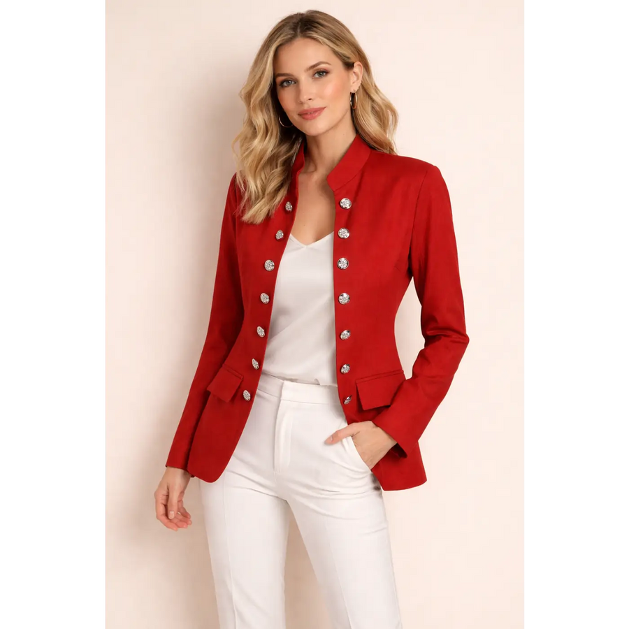 Luxury Red Tailored Blazer with Statement Buttons – Elegant Structured Jacket for Women