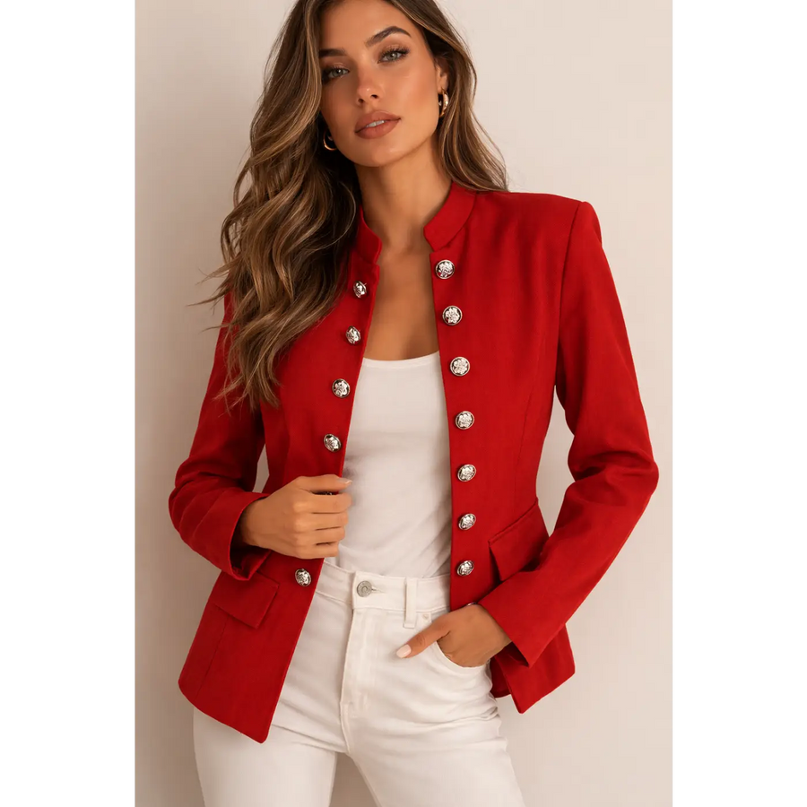 Luxury Red Tailored Blazer with Statement Buttons – Elegant Structured Jacket for Women