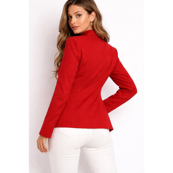 Luxury Red Tailored Blazer with Statement Buttons – Elegant Structured Jacket for Women