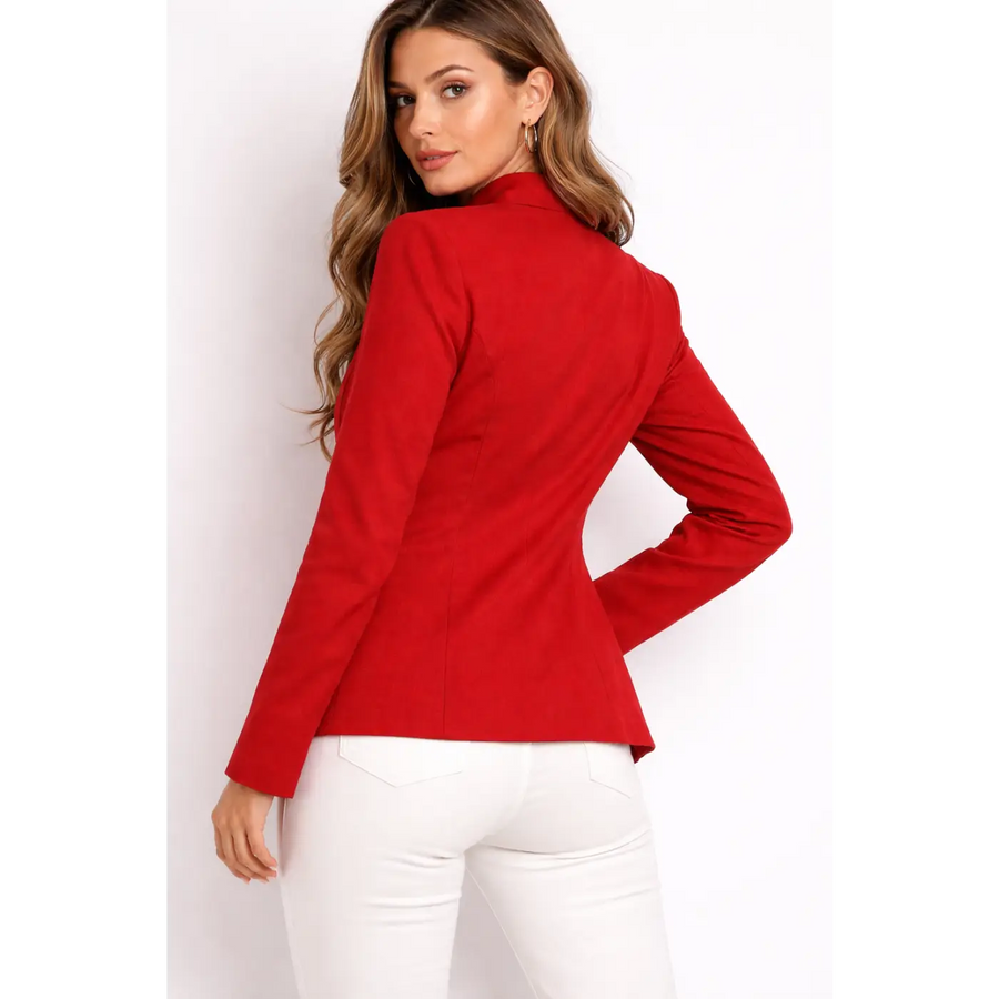 Luxury Red Tailored Blazer with Statement Buttons – Elegant Structured Jacket for Women