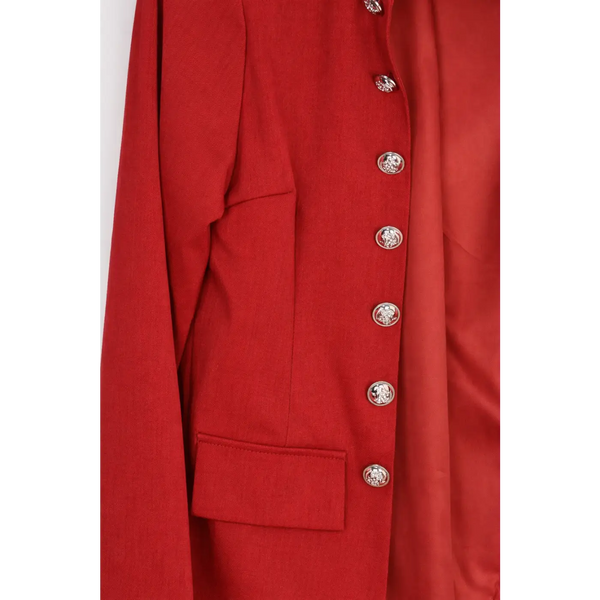 Luxury Red Tailored Blazer with Statement Buttons – Elegant Structured Jacket for Women