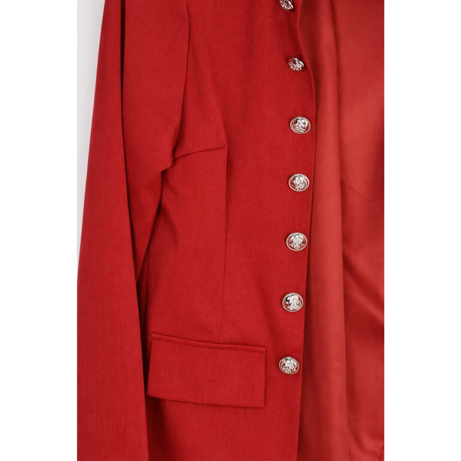 Luxury Red Tailored Blazer with Statement Buttons – Elegant Structured Jacket for Women