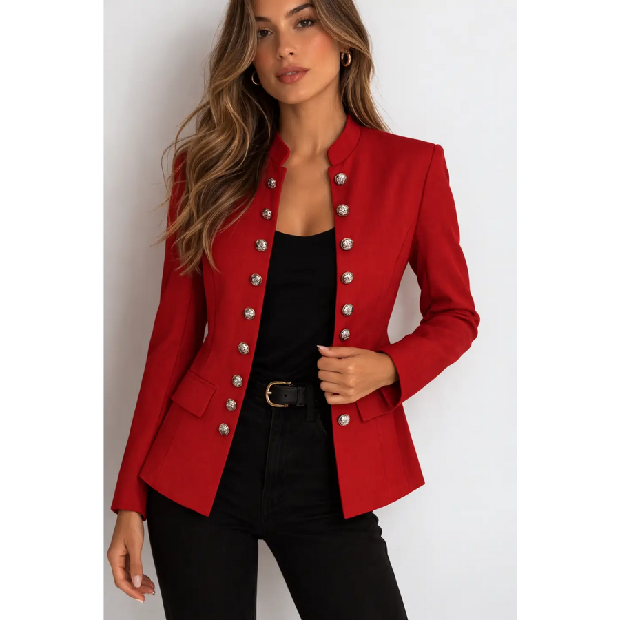 Luxury Red Tailored Blazer with Statement Buttons – Elegant Structured Jacket for Women