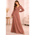Mauve Satin Maxi Dress – Elegant Long Sleeve V-Neck Evening Dress - Women’s Dress