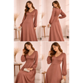 Mauve Satin Maxi Dress – Elegant Long Sleeve V-Neck Evening Dress - Women’s Dress