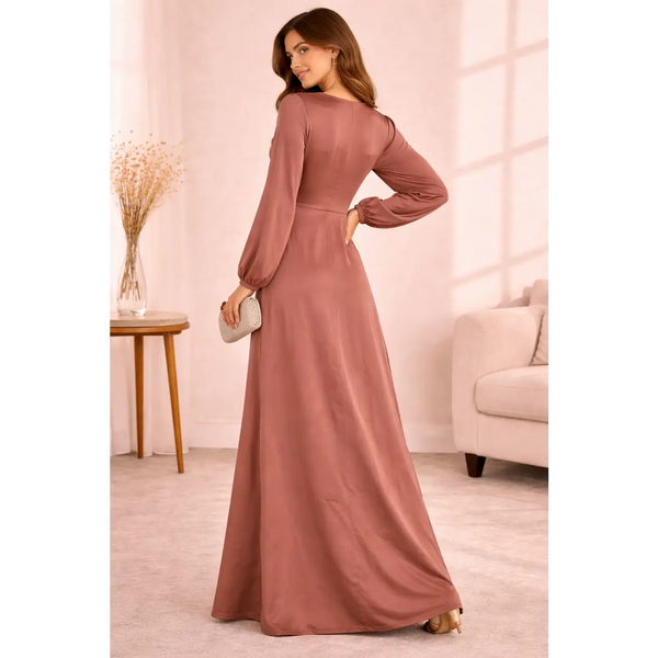 Mauve Satin Maxi Dress – Elegant Long Sleeve V-Neck Evening Dress - Women’s Dress