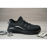 Men’s black lightweight safety work sneakers featuring a white accent stripe and reinforced toe cap for protection