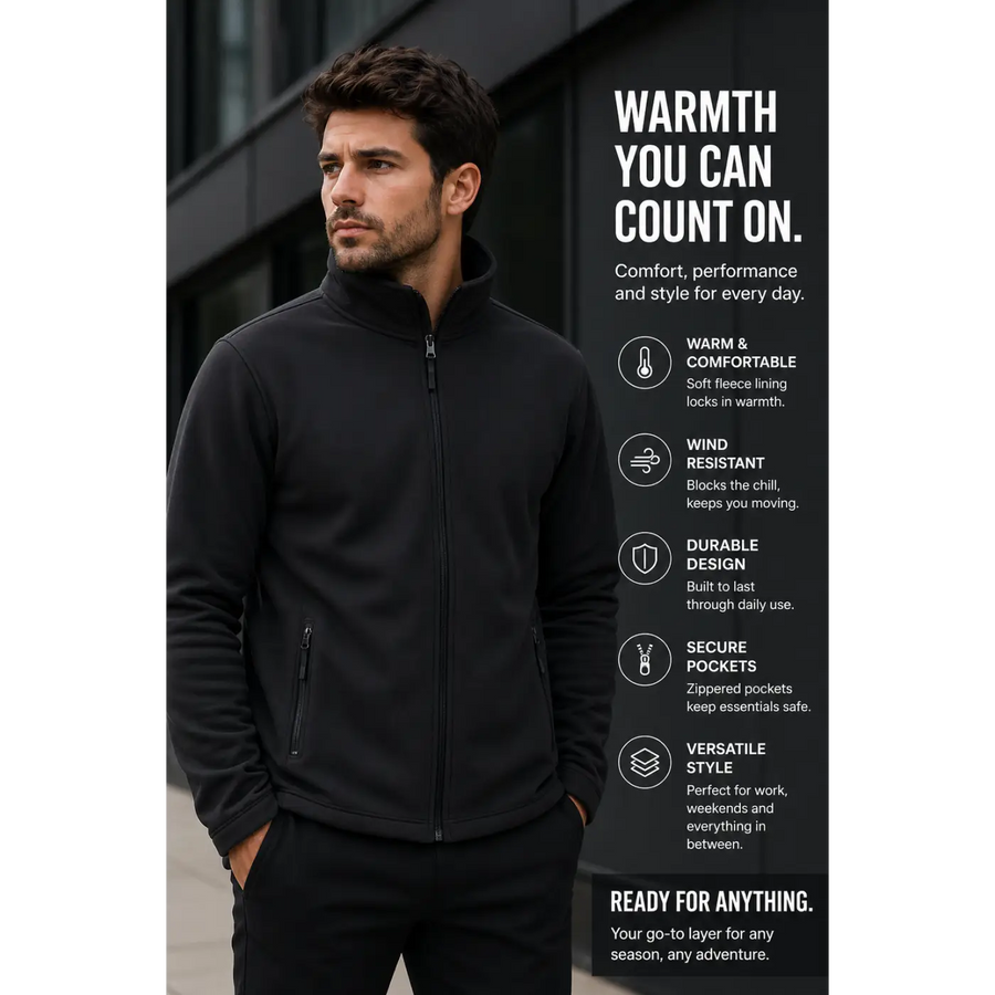 Men’s Full-Zip Fleece Jacket – Lightweight Warm Casual Layer