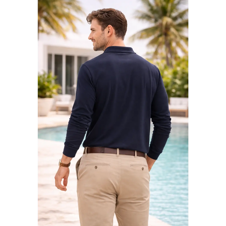 Men’s Navy Long Sleeve Polo Shirt – Classic Slim Fit Casual Top - Men’s Shirt