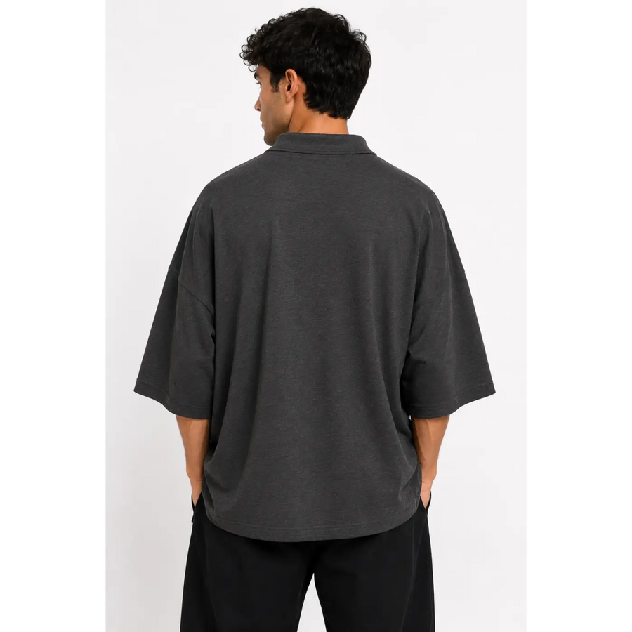 Men’s Oversized Charcoal Drop Shoulder Polo Shirt – Relaxed Streetwear Fit - Men’s Oversized Polo Shirt