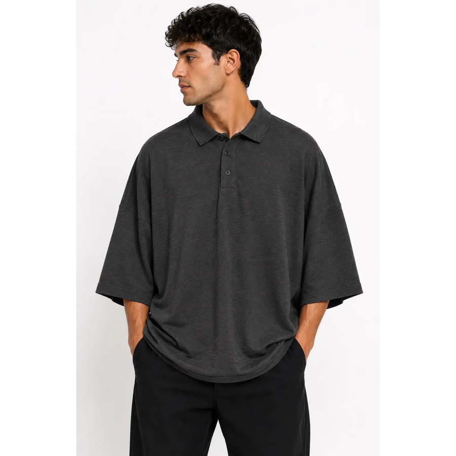 Men’s Oversized Charcoal Drop Shoulder Polo Shirt – Relaxed Streetwear Fit - Men’s Oversized Polo Shirt