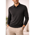 Men’s Premium Long Sleeve Polo Shirt – Soft Knit Casual Slim Fit Top (Charcoal Grey) - Shirts / Polo Shirts