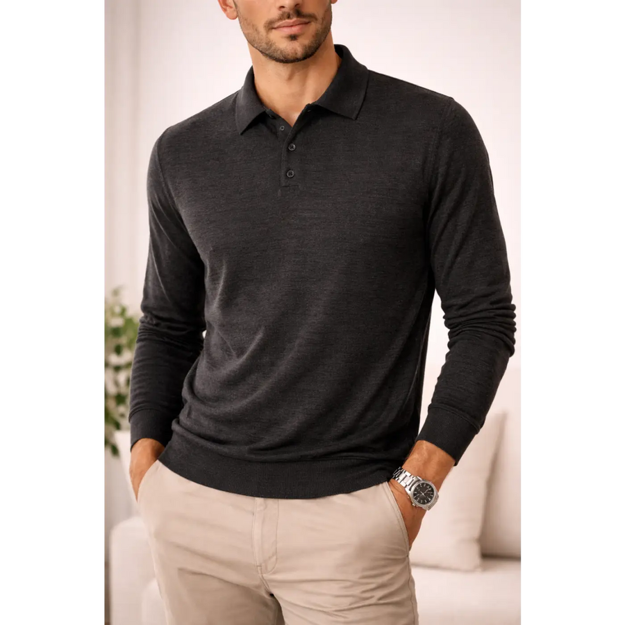 Men’s Premium Long Sleeve Polo Shirt – Soft Knit Casual Slim Fit Top (Charcoal Grey) - Shirts / Polo Shirts