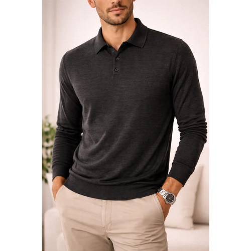 Men’s Premium Long Sleeve Polo Shirt – Soft Knit Casual Slim Fit Top (Charcoal Grey) - Shirts / Polo Shirts