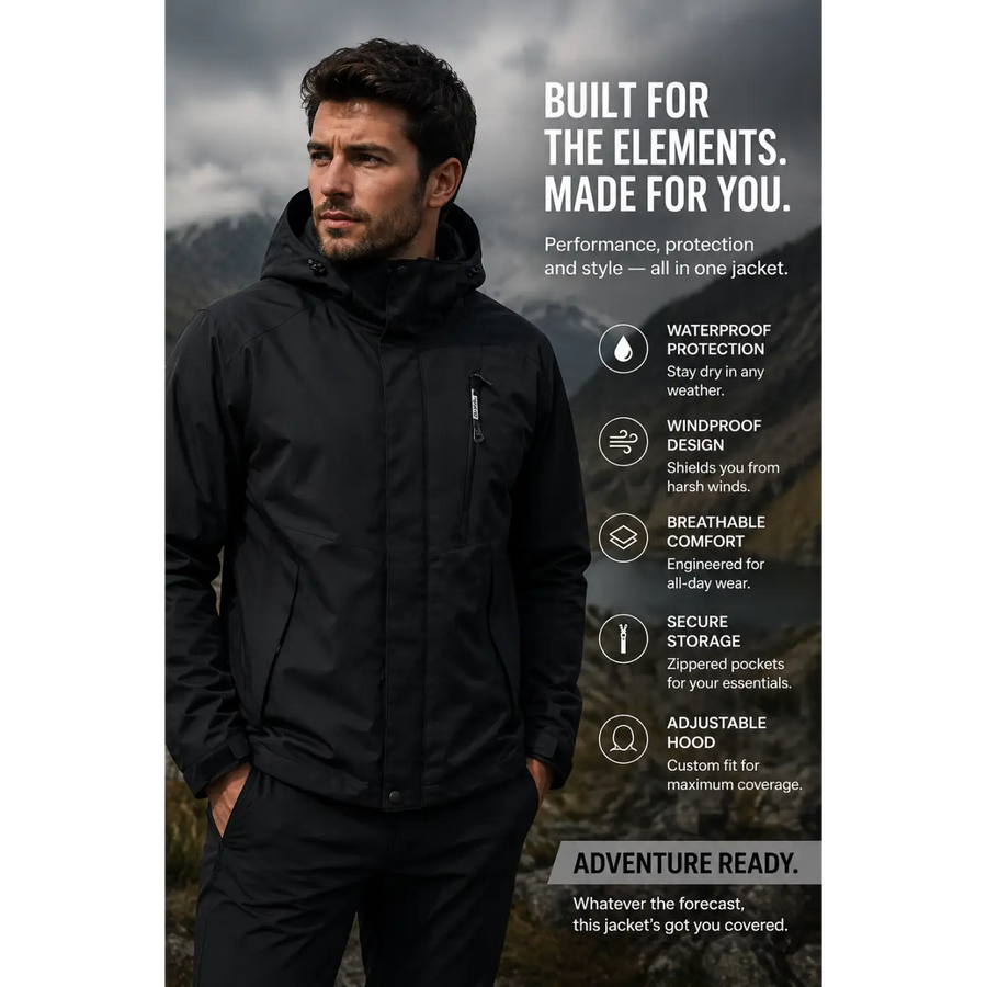 Men’s Waterproof Hooded Outdoor Jacket – Windproof All-Weather Performance Coat