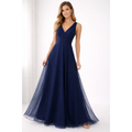 Navy Blue Elegant Maxi Gown – Flowing V-Neck Evening Dress - Women’s Dress
