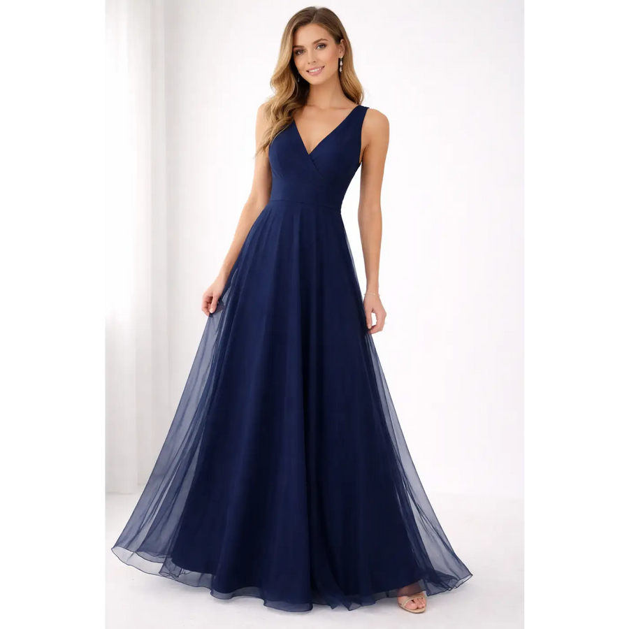 Navy Blue Elegant Maxi Gown – Flowing V-Neck Evening Dress - Women’s Dress