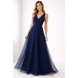 Navy Blue Elegant Maxi Gown – Flowing V-Neck Evening Dress - Women’s Dress