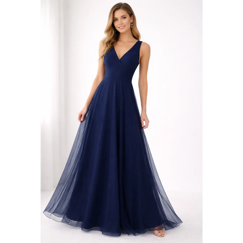 Navy Blue Elegant Maxi Gown – Flowing V-Neck Evening Dress - Women’s Dress