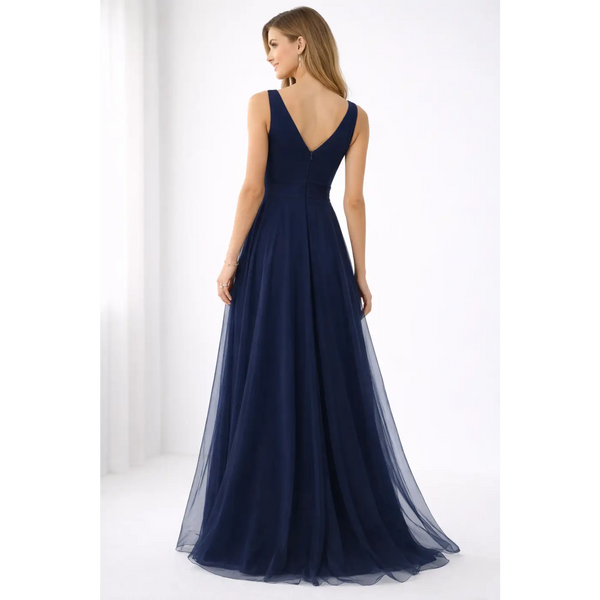 Navy Blue Elegant Maxi Gown – Flowing V-Neck Evening Dress - Women’s Dress