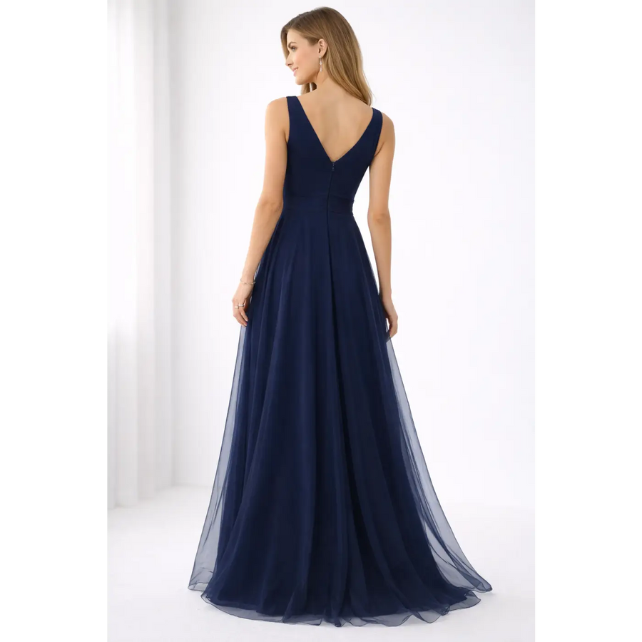 Navy Blue Elegant Maxi Gown – Flowing V-Neck Evening Dress - Women’s Dress