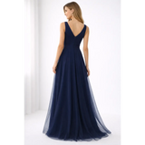 Navy Blue Elegant Maxi Gown – Flowing V-Neck Evening Dress - Women’s Dress