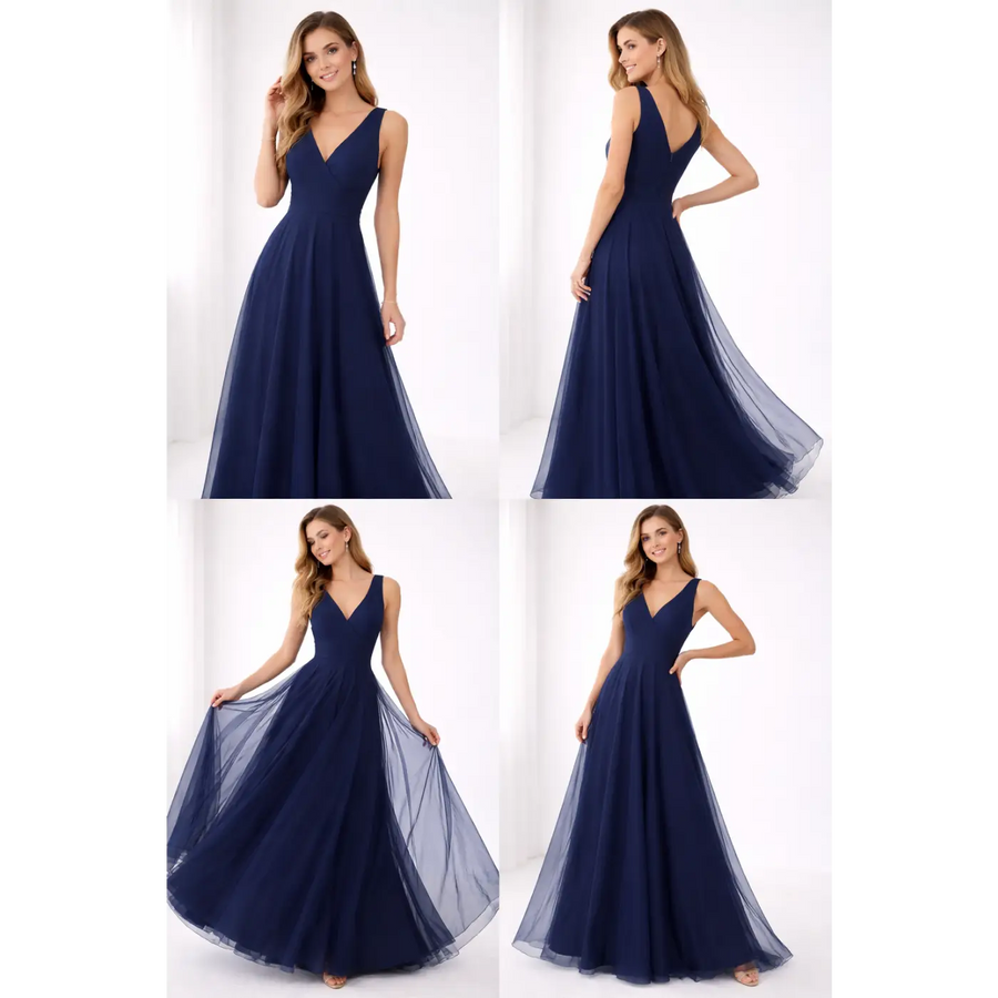 Navy Blue Elegant Maxi Gown – Flowing V-Neck Evening Dress - Women’s Dress