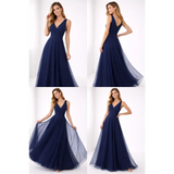 Navy Blue Elegant Maxi Gown – Flowing V-Neck Evening Dress - Women’s Dress