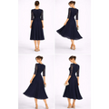 Navy Lace Pleated Midi Dress – Elegant V-Neck Evening Dress - Women’s Dress