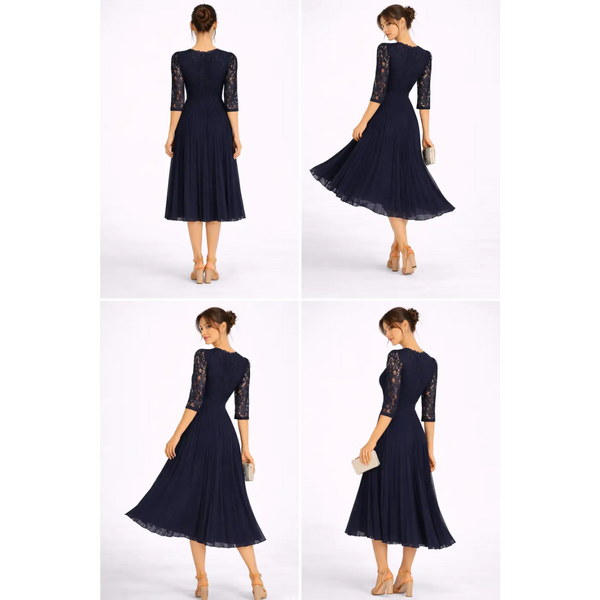 Navy Lace Pleated Midi Dress – Elegant V-Neck Evening Dress - Women’s Dress