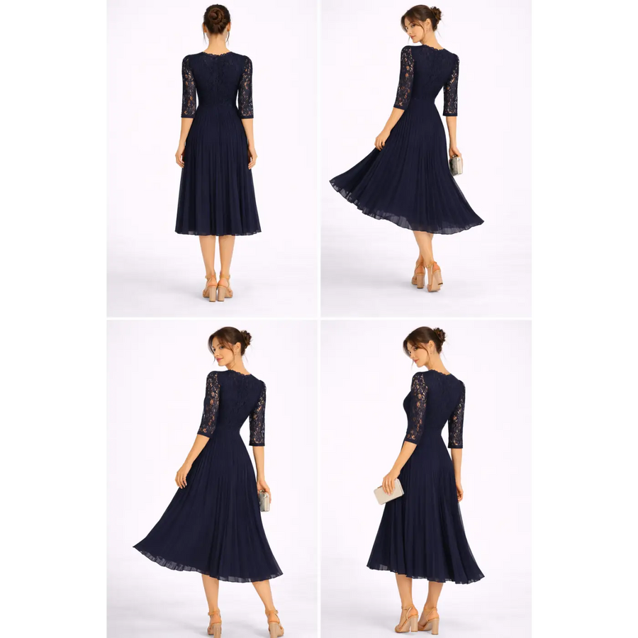 Navy Lace Pleated Midi Dress – Elegant V-Neck Evening Dress - Women’s Dress