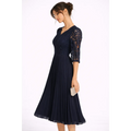 Navy Lace Pleated Midi Dress – Elegant V-Neck Evening Dress - Women’s Dress