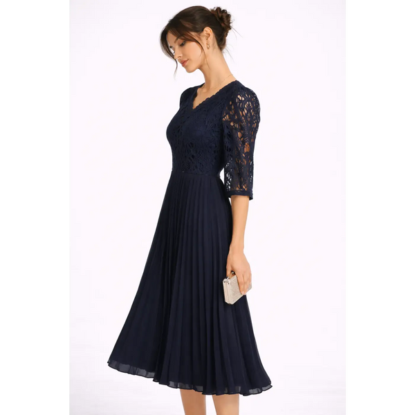 Navy Lace Pleated Midi Dress – Elegant V-Neck Evening Dress - Women’s Dress