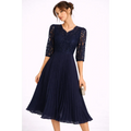 Navy Lace Pleated Midi Dress – Elegant V-Neck Evening Dress - Women’s Dress