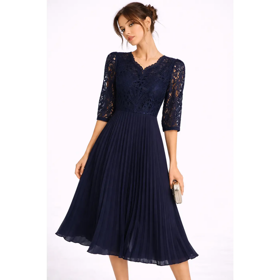 Navy Lace Pleated Midi Dress – Elegant V-Neck Evening Dress - Women’s Dress