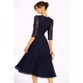 Navy Lace Pleated Midi Dress – Elegant V-Neck Evening Dress - Women’s Dress