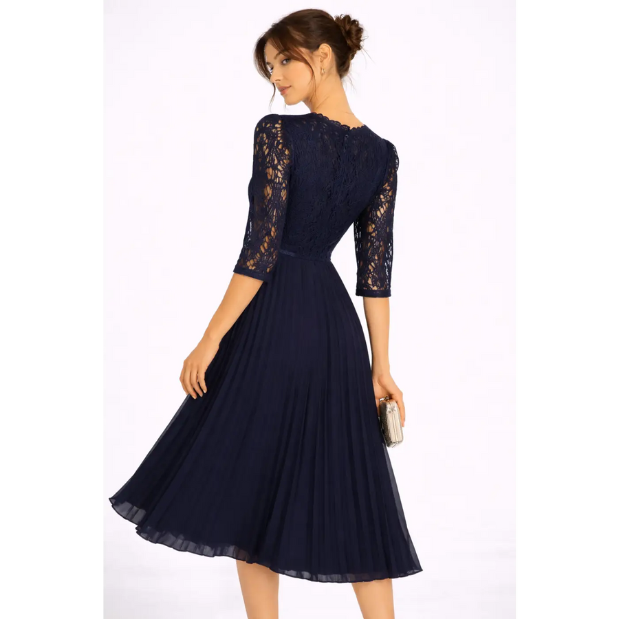 Navy Lace Pleated Midi Dress – Elegant V-Neck Evening Dress - Women’s Dress