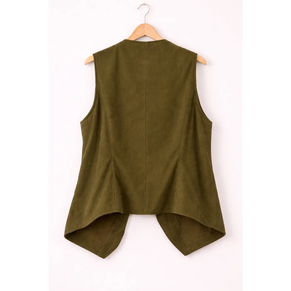 Olive Corduroy Button-Front Vest – Tailored Sleeveless Layering Piece