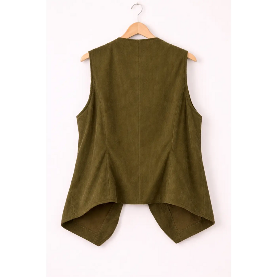 Olive Corduroy Button-Front Vest – Tailored Sleeveless Layering Piece