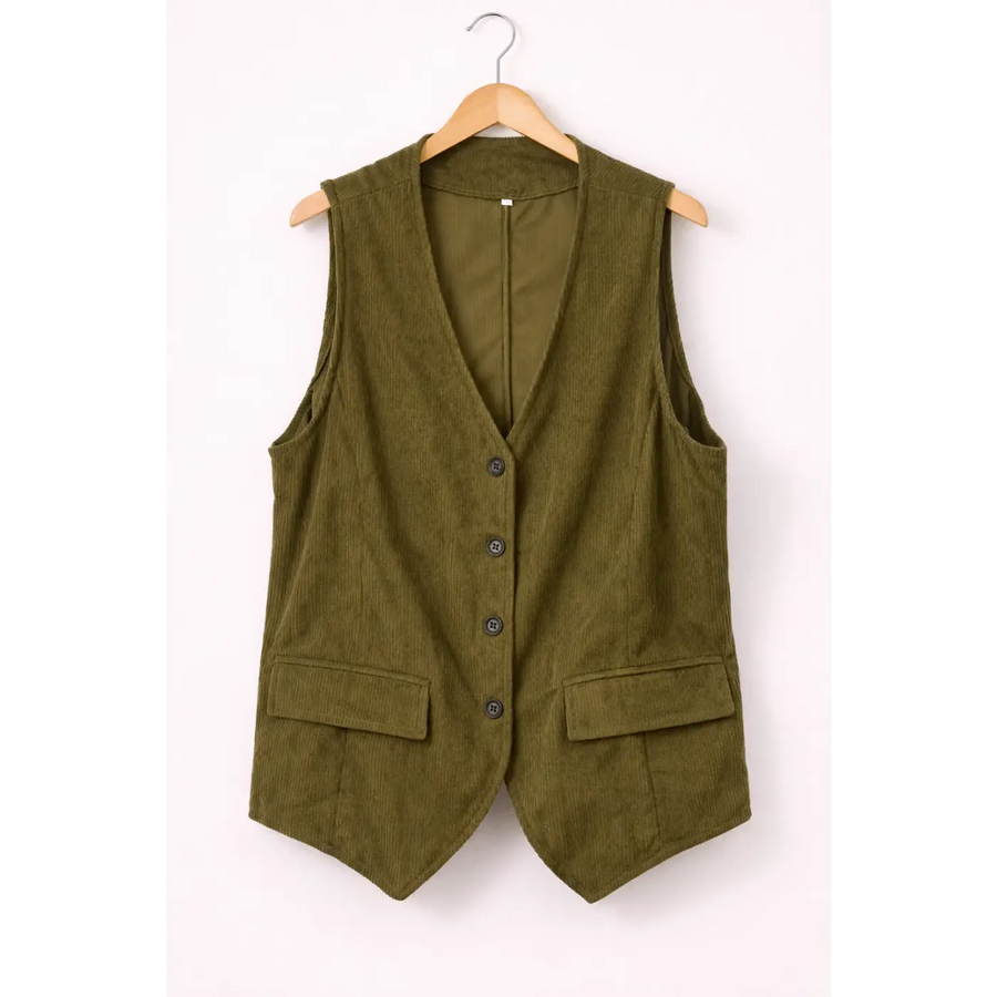Olive Corduroy Button-Front Vest – Tailored Sleeveless Layering Piece