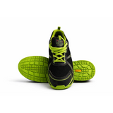 Perf neon safety lightweight steel toe work sneakers in black and neon green with a textured rubber sole
