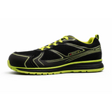 Black and neon green perf neon safety work sneakers with lightweight steel toe, mesh upper, and durable rubber sole