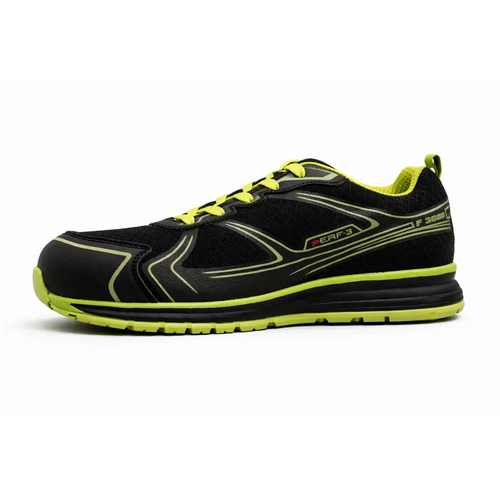 Black and neon green perf neon safety work sneakers with lightweight steel toe, mesh upper, and durable rubber sole