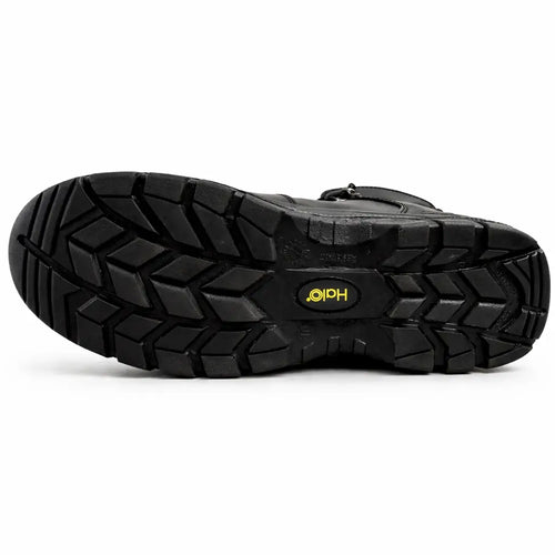 Black rubber sole with deep aggressive tread and yellow hoka logo on premium black safety heavy duty protective boots