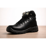 Premium black safety work boot with silver eyelets and rugged rubber sole for heavy duty protective industrial use