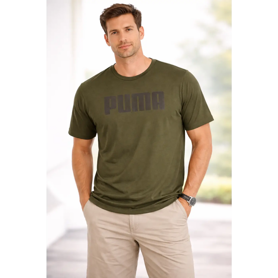 Puma Men’s Olive Green Logo T-Shirt | Regular Fit Casual Tee - T-Shirts