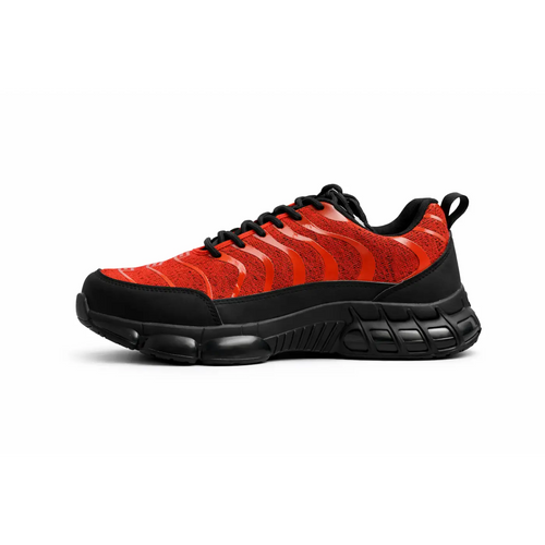 Red air cushion lightweight protective work sneakers in red and black with textured upper and rubber sole