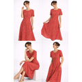 Red Floral Midi Dress – Elegant Short Sleeve Fit & Flare Dress - Women’s Dress