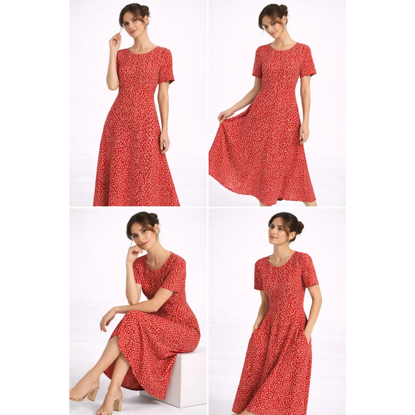 Red Floral Midi Dress – Elegant Short Sleeve Fit & Flare Dress - Women’s Dress