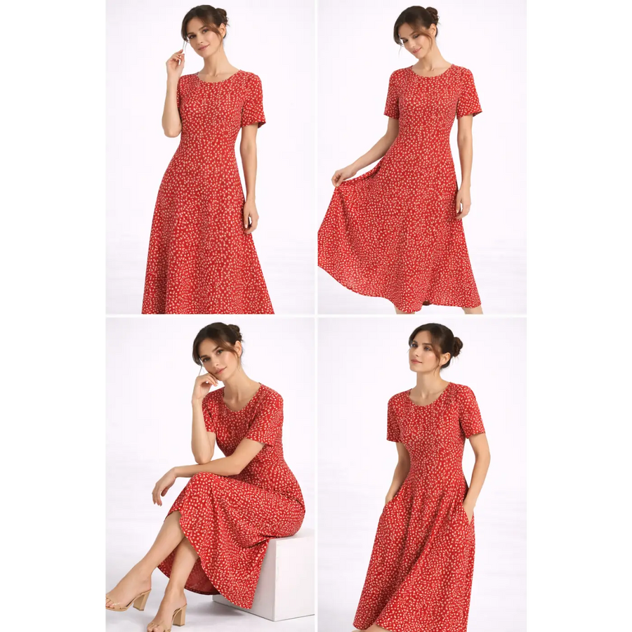 Red Floral Midi Dress – Elegant Short Sleeve Fit & Flare Dress - Women’s Dress